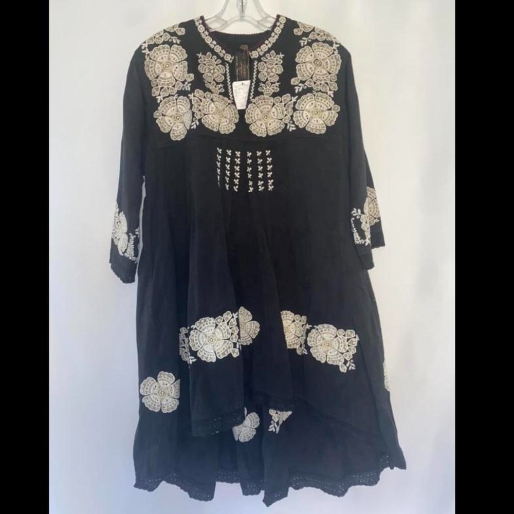 Free People Black Dress with White & Cream Embroidery